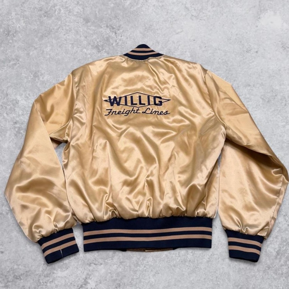 Vintage 80s Holloway Willig Freight Lines Satin Bomber Jacket Gold Tan Mens M